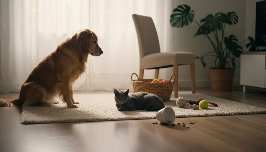 Un chien observe le chat installé dans le salon familial.