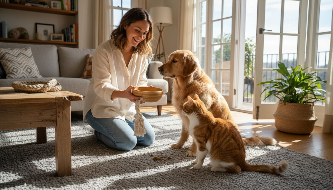 Un maître et ses animaux de compagnie profitant d’accessoires éco-responsables pour leur bien-être au quotidien.