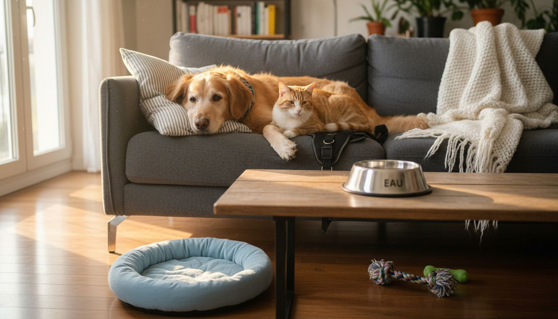 Un chien et un chat équipés d’accessoires sécurisés profitent d’une ambiance chaleureuse dans un salon confortable.