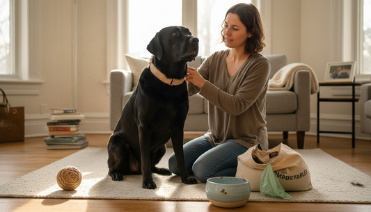 Chez elle, une femme passionnée d’écologie prend soin de ses animaux avec des accessoires respectueux de l’environnement.