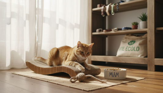 Un chat s’amuse avec ses jouets écoresponsables, installé dans un salon baigné de lumière.