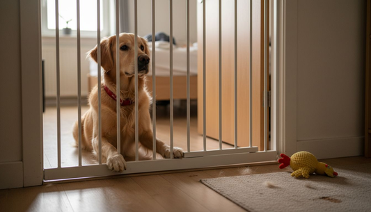 Chien installé derrière une barrière de sécurité à l’intérieur