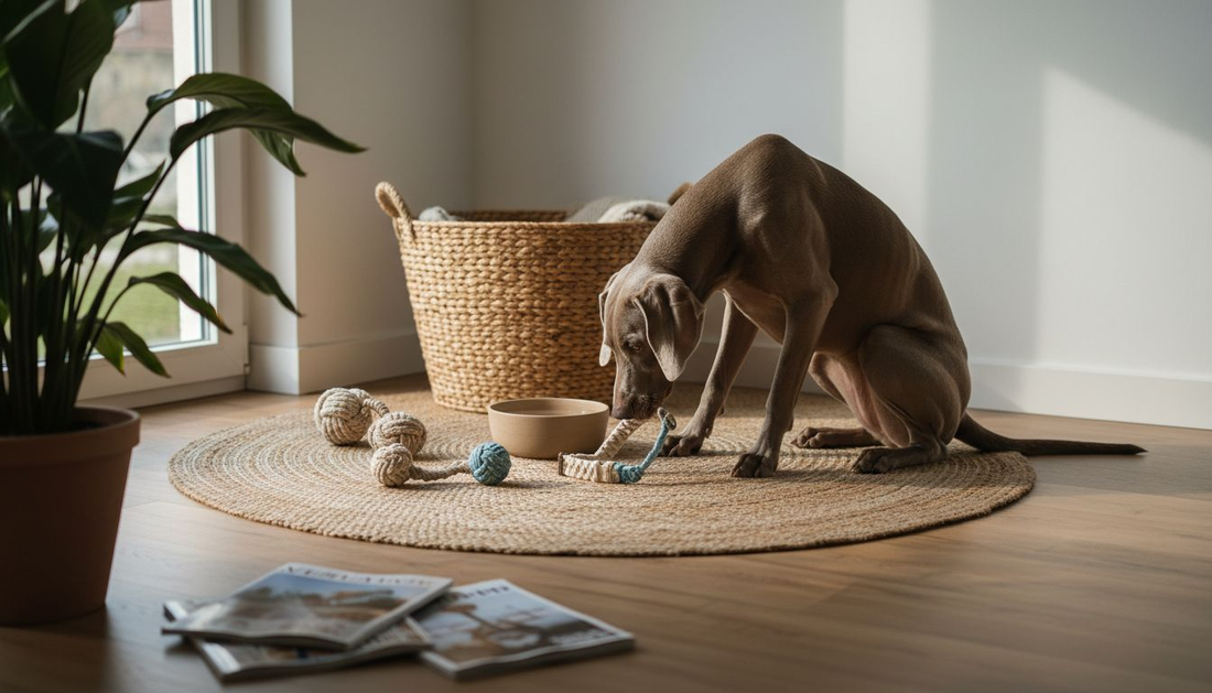 Un chien curieux découvre des accessoires écoresponsables dans un salon baigné de lumière.