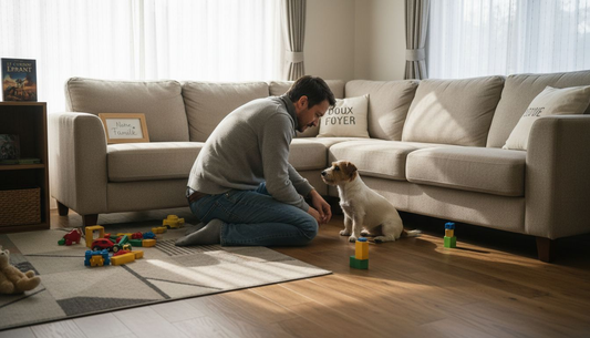 Un homme vérifie son salon pour s'assurer qu'il est bien sécurisé pour son chien.