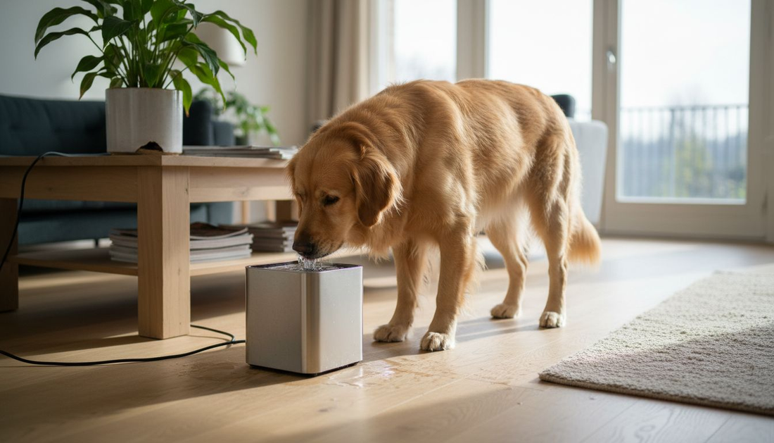 Un chien en train de boire à sa fontaine d’eau dans le salon