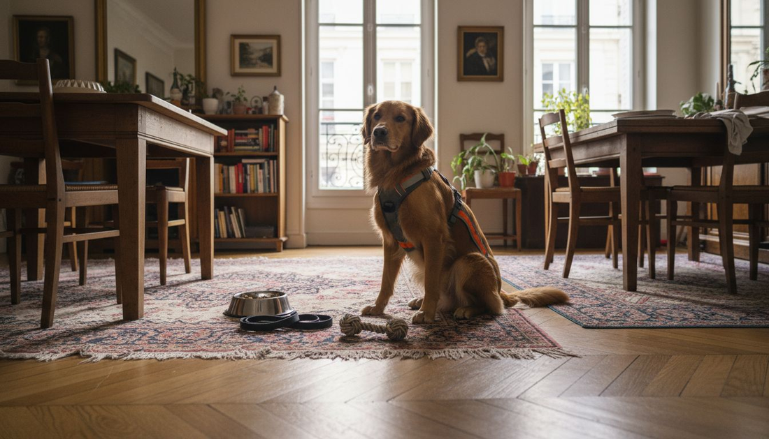 Un chien équipé d’un harnais de sécurité se promène dans l’appartement.