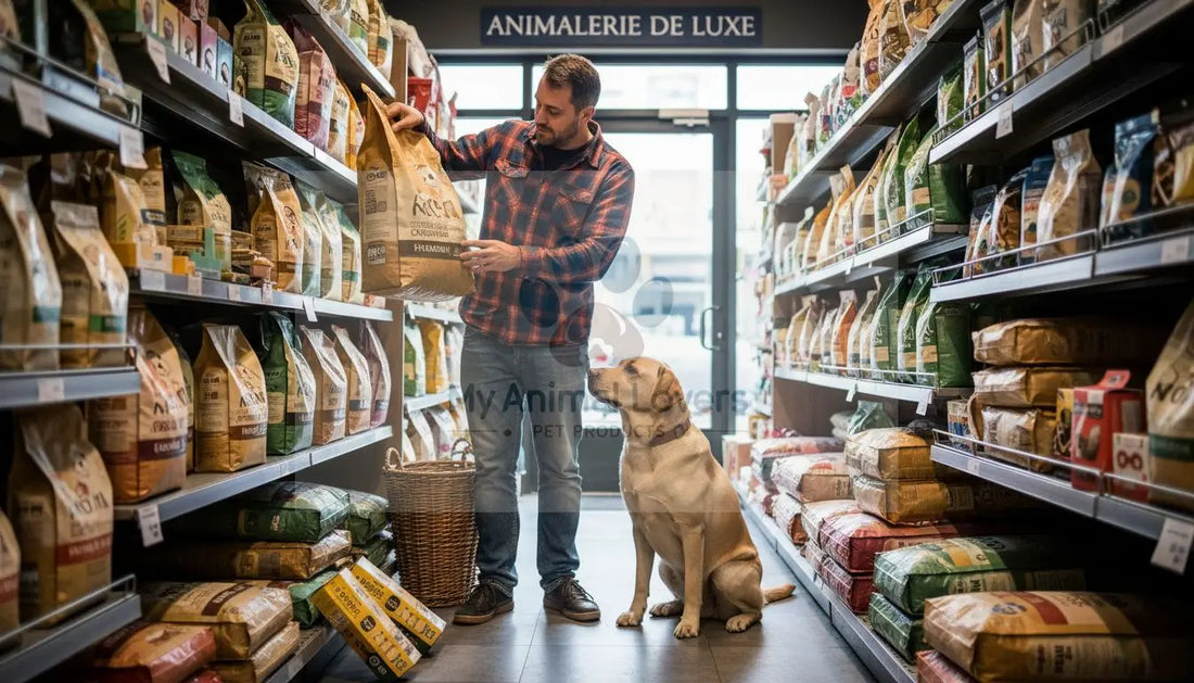 Un homme attentif sélectionne des produits haut de gamme pour son chien, soucieux de lui offrir ce qu’il y a de meilleur.