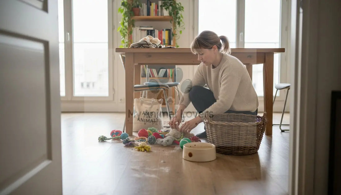 Une femme organise différents accessoires pour animaux posés sur la table devant elle.