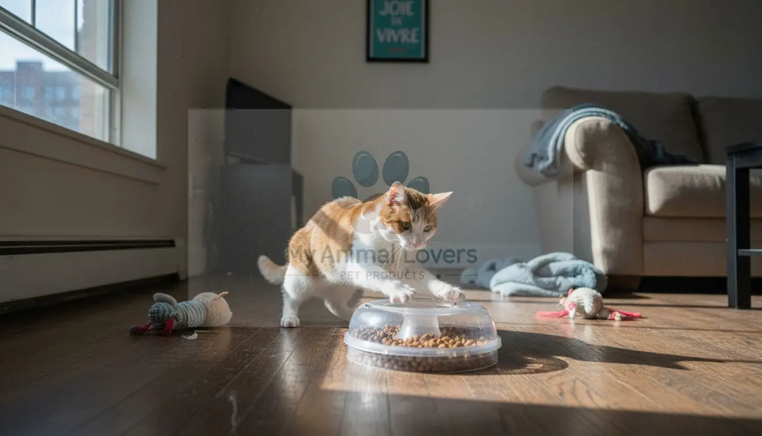 Un chat qui s’amuse avec un distributeur de croquettes interactif