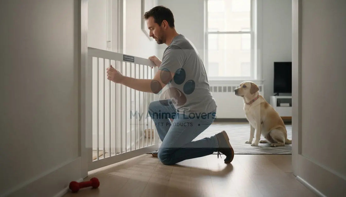 Un homme en train d’installer une barrière de sécurité pour empêcher son chien d’accéder à certaines pièces.