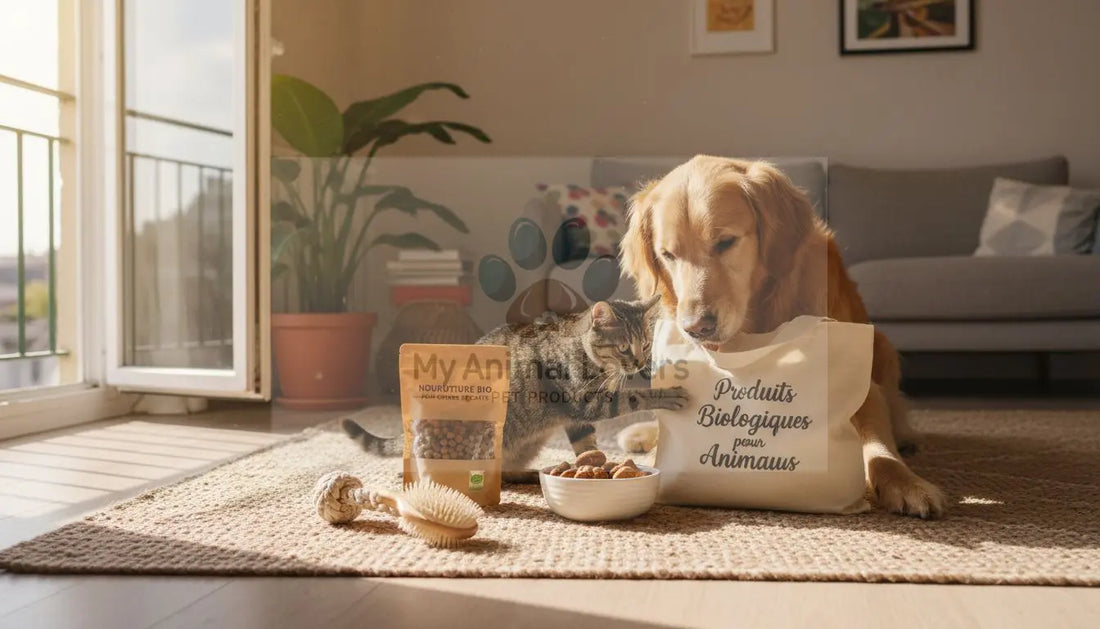 Un chien et un chat curieux découvrent ensemble de nouveaux produits bio pour animaux dans le confort de leur maison.