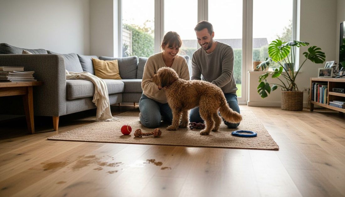Une famille s’amuse avec son chien dans un salon baigné de lumière.