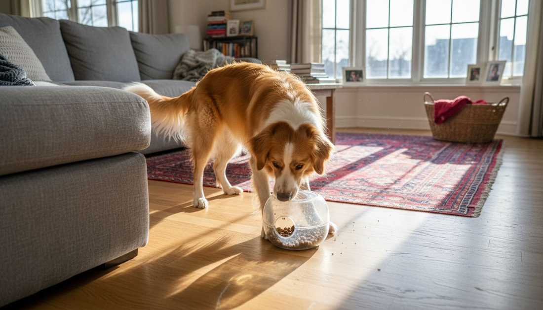 Un chien s’amuse avec son jouet interactif dans le salon.