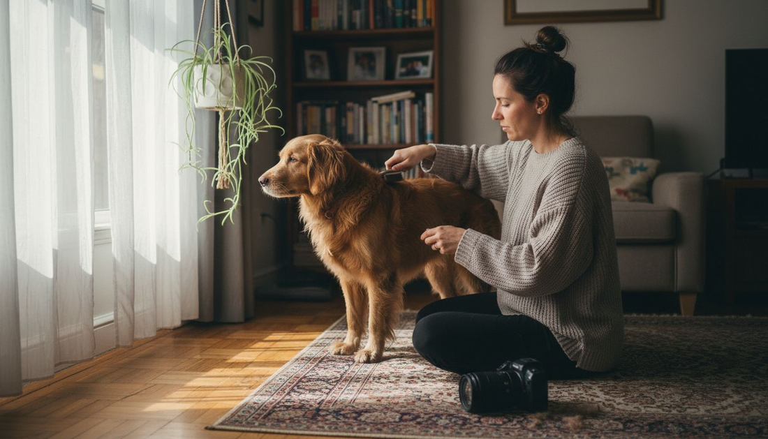 Dans un salon baigné de lumière, une femme prend soin de son chien en le brossant doucement.