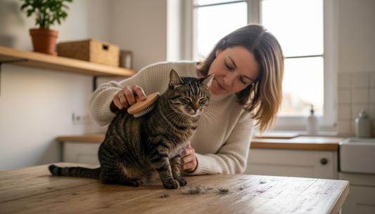 Un chat se fait brosser avec une brosse écolo, installé sur une table en bois.