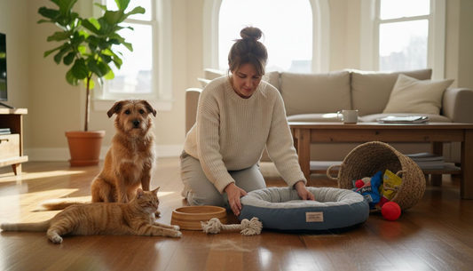 Un propriétaire d’animaux soucieux de l’environnement choisit avec soin des accessoires écologiques pour ses compagnons.