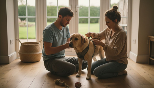 Une famille prend soin d’équiper son chien d’un harnais écologique.