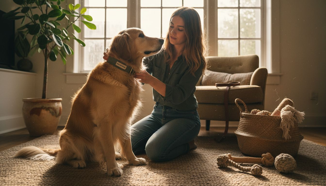Une femme équipe son golden retriever d’un collier écologique.