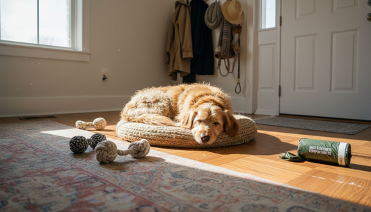 Un chien qui s’amuse avec des jouets et accessoires respectueux de l’environnement