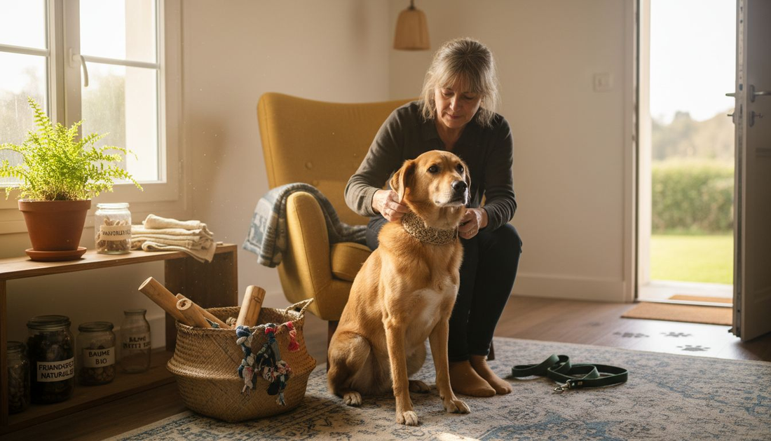 Une femme ajuste le collier écologique autour du cou de son chien.