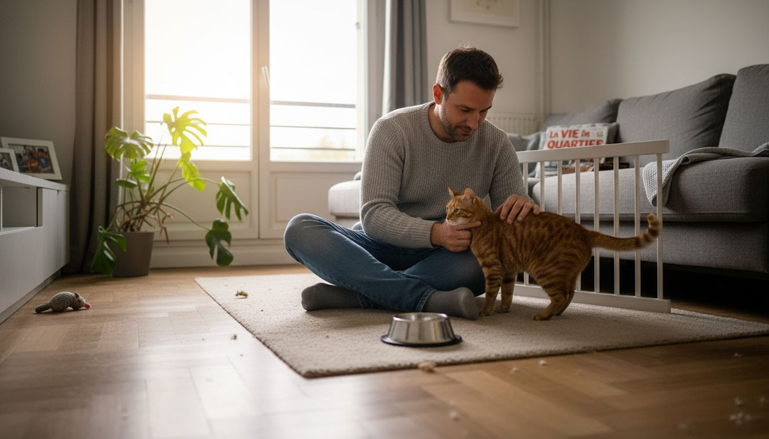 Espace salon sécurisé avec barrière, présence d’un chat et tout le nécessaire pour son confort