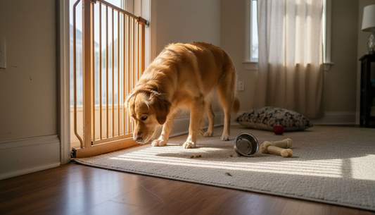 Le chien inspecte la barrière de sécurité installée dans le salon.