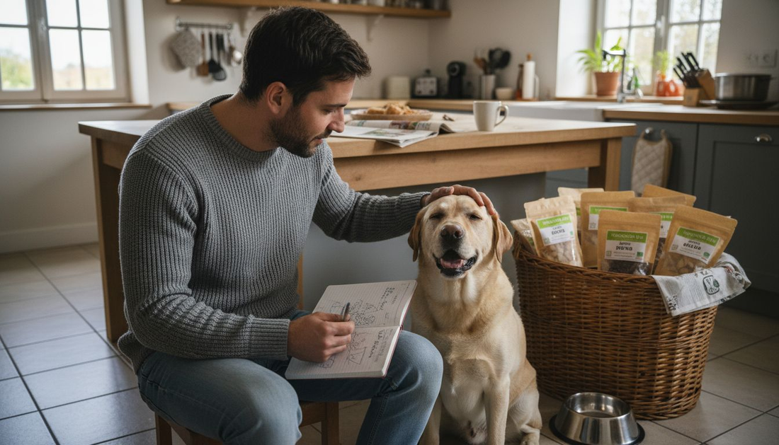 Un homme promène son chien et lui offre des friandises bio spécialement conçues pour les animaux.