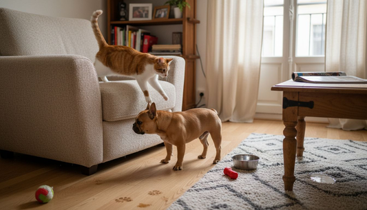 Un chat et un chien découvrent ensemble un salon aménagé en toute sécurité.