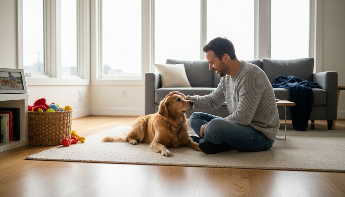 Un maître qui prend un moment pour câliner son chien dans le salon