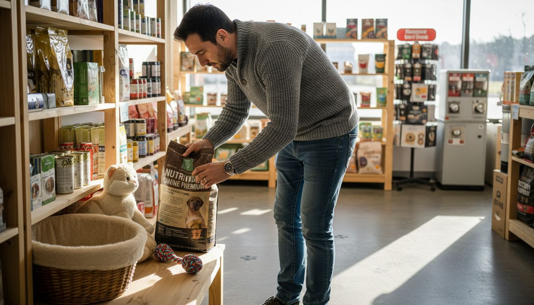 Un homme vérifie des produits pour animaux portant un label de qualité.