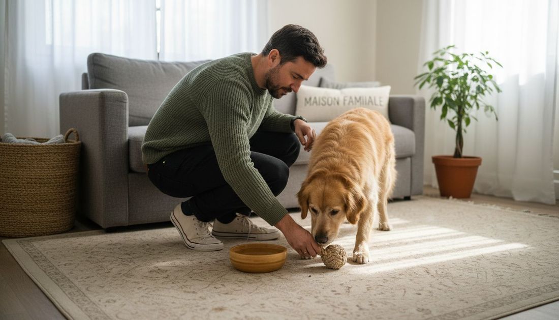 Un homme regarde son chien jouer avec un jouet écologique.