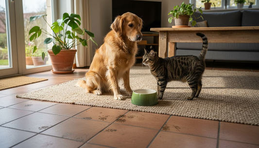 Un chien et un chat profitent du salon, entourés de produits écoresponsables.