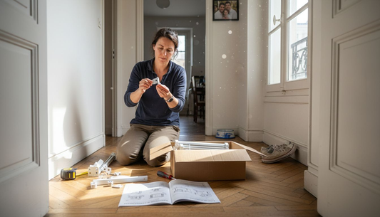 Une femme s'apprête à installer une barrière de sécurité pour animaux.