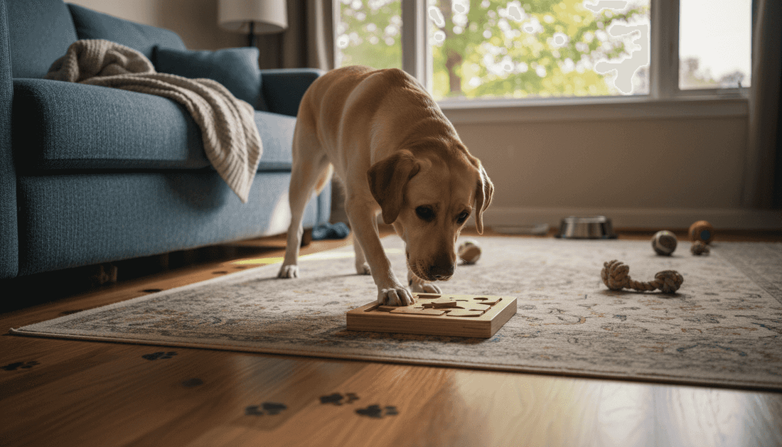 Un chien s’amuse avec un jouet interactif posé sur un tapis.