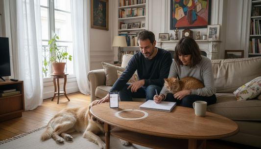 Un couple partage un moment de tendresse avec leur chien et leur chat dans le salon, profitant de la douceur de leurs compagnons à quatre pattes.