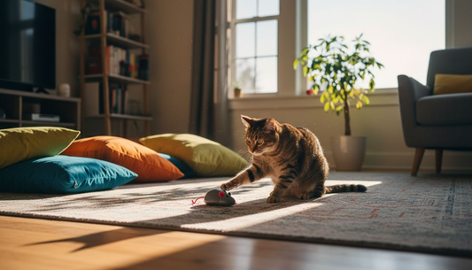 Un chat s’amuse avec son jouet interactif au milieu du salon.