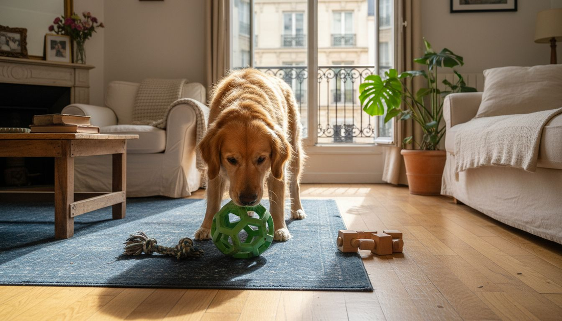 Un chien s’amuse avec un jouet écolo et interactif