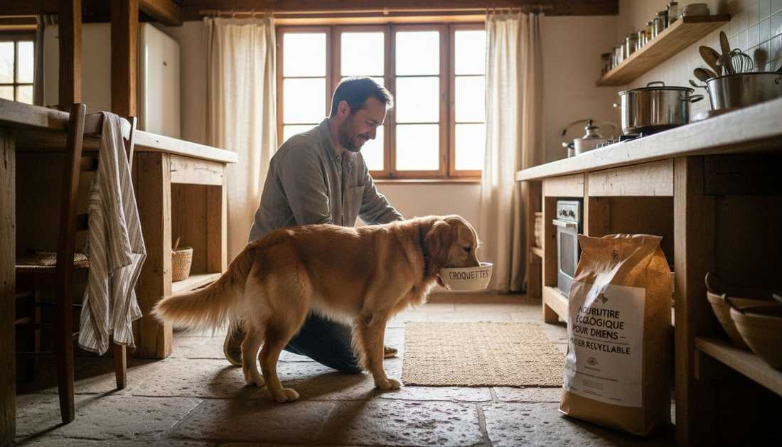Un homme donne à manger à son chien dans une cuisine respectueuse de l’environnement.