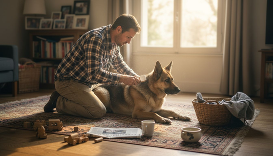 Un homme s'occupe de laver son chien dans un vaste salon baigné par la lumière matinale.