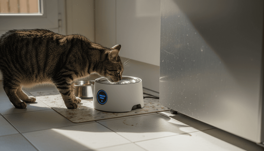 Un chat en train de boire dans une gamelle d’eau intelligente posée dans la cuisine.