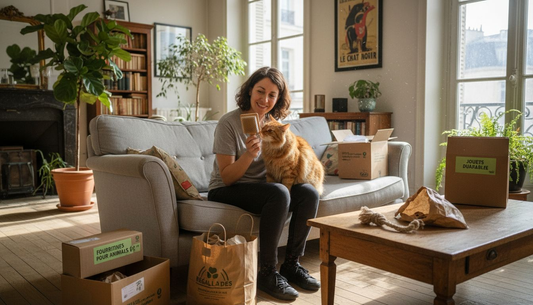 Une femme complice de son chat, entourés d’accessoires écoresponsables pour animaux.