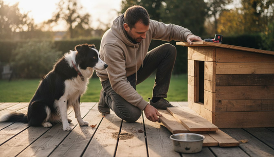 Un homme installe une niche écologique sous le regard attentif de son chien curieux.