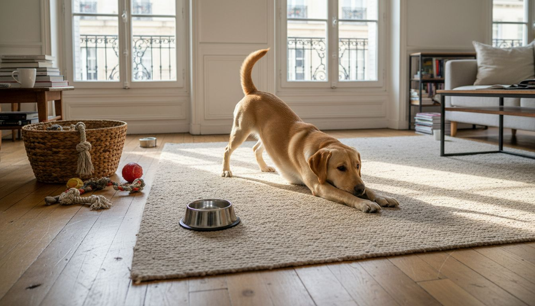 Un chien se repose paisiblement dans un salon baigné de lumière à Paris.